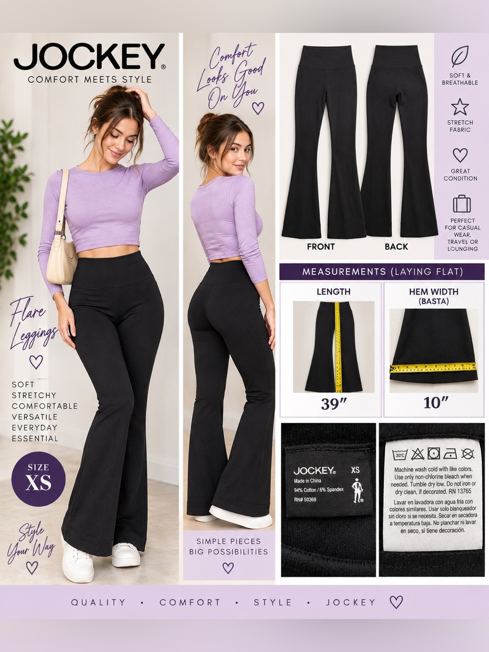 Jockey Women’s High Rise Flare Leggings Black XS Cotton Spandex Stretch 10038848